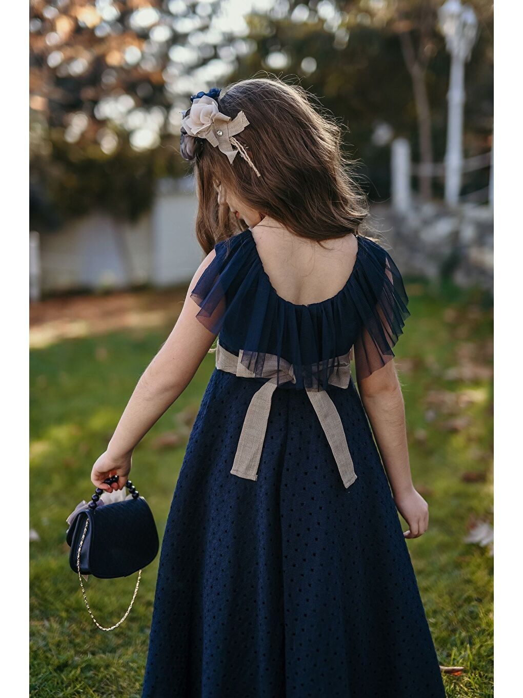 Lacivert Özel Tasarım Kız Çocuk Elbise, Çantalı Ve Taçlı, Sırt Detaylı Elbise, Doğum Günü Elbisesi_M2037-5