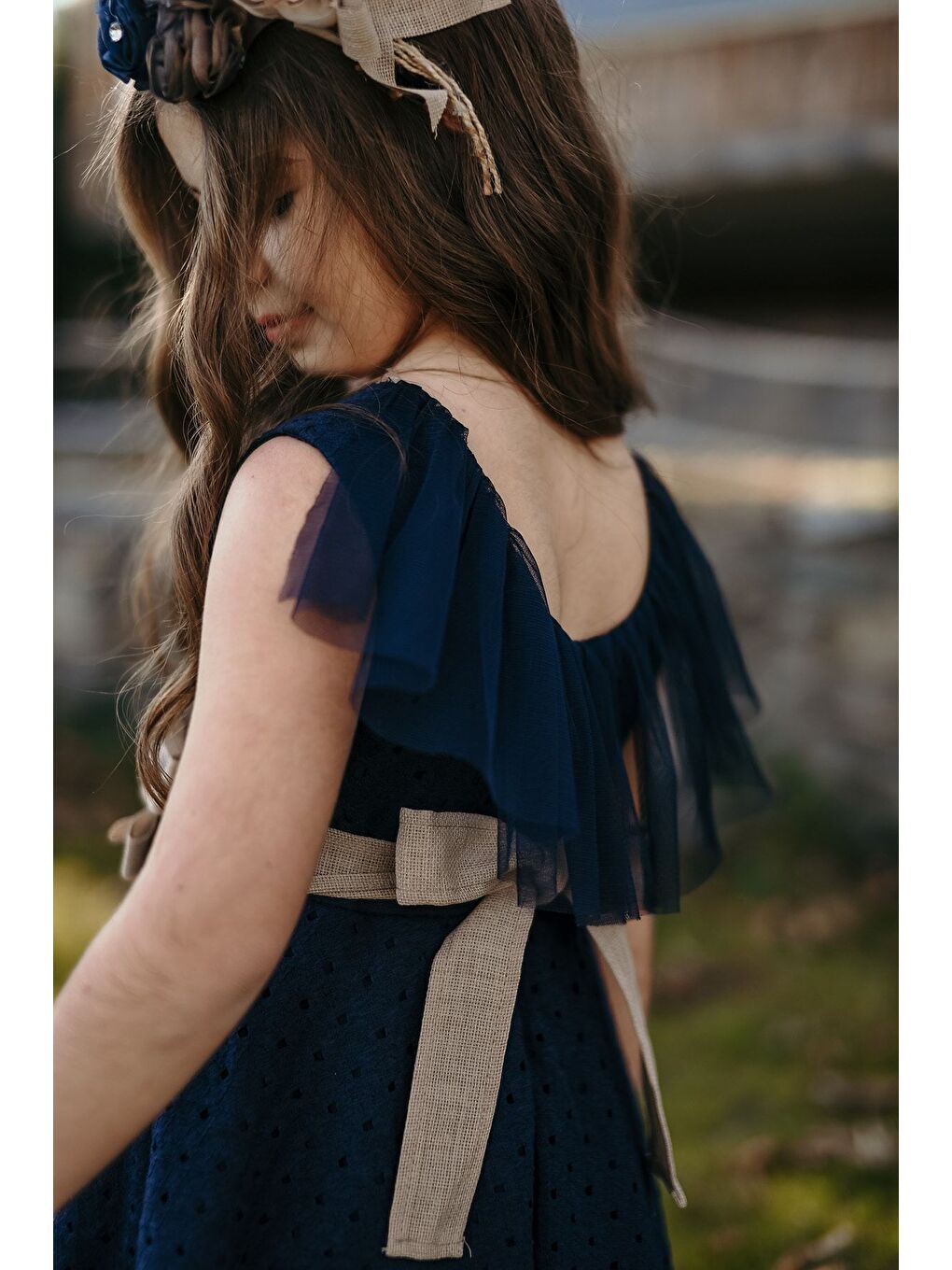 Lacivert Özel Tasarım Kız Çocuk Elbise, Çantalı Ve Taçlı, Sırt Detaylı Elbise, Doğum Günü Elbisesi_M2037-6