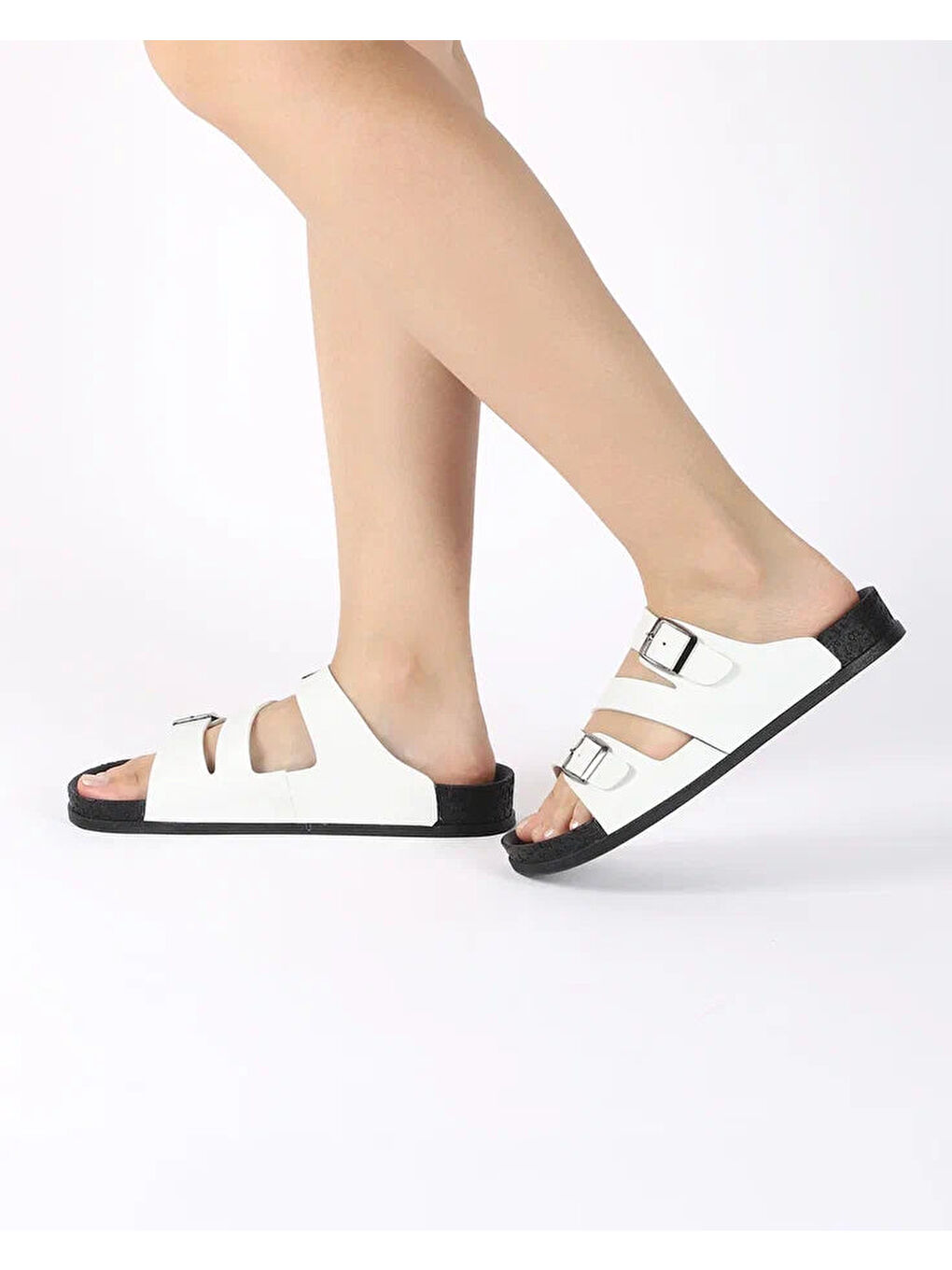 Beyaz Kadın Yazlık Çift Tokalı Çapraz Bantlı Terlik - MARUVA-2