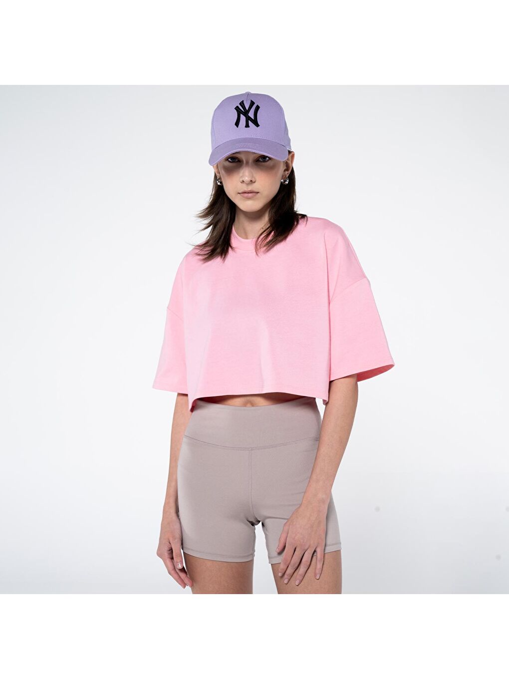 Monica Kadın Pembe %100 Koton Bisiklet Yaka Oversize Crop Tişört