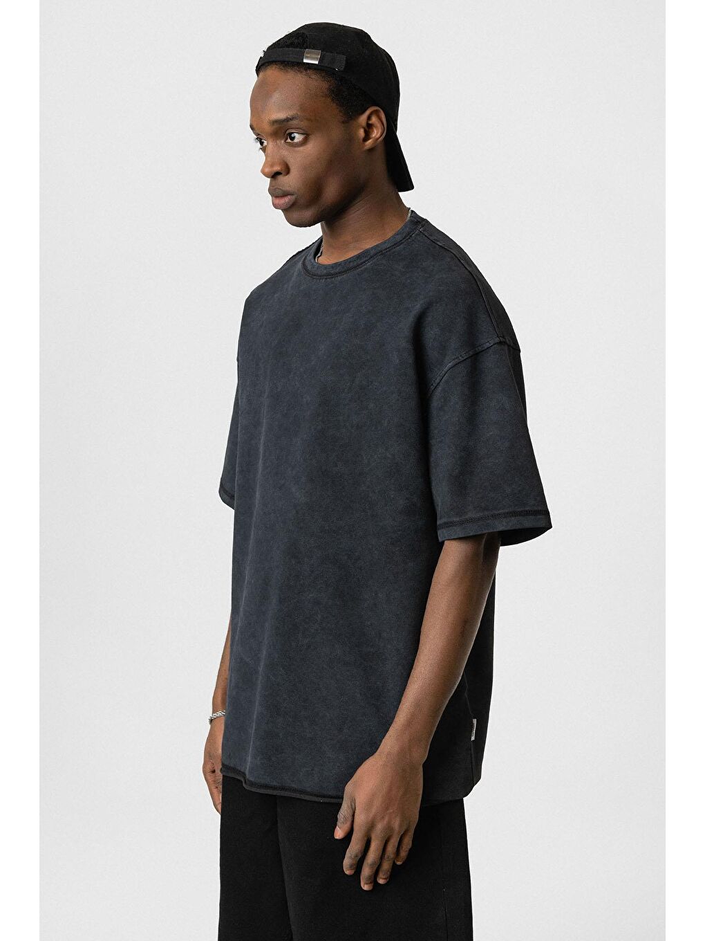 Yıkamalı Basic Oversize Tişört Siyah-3