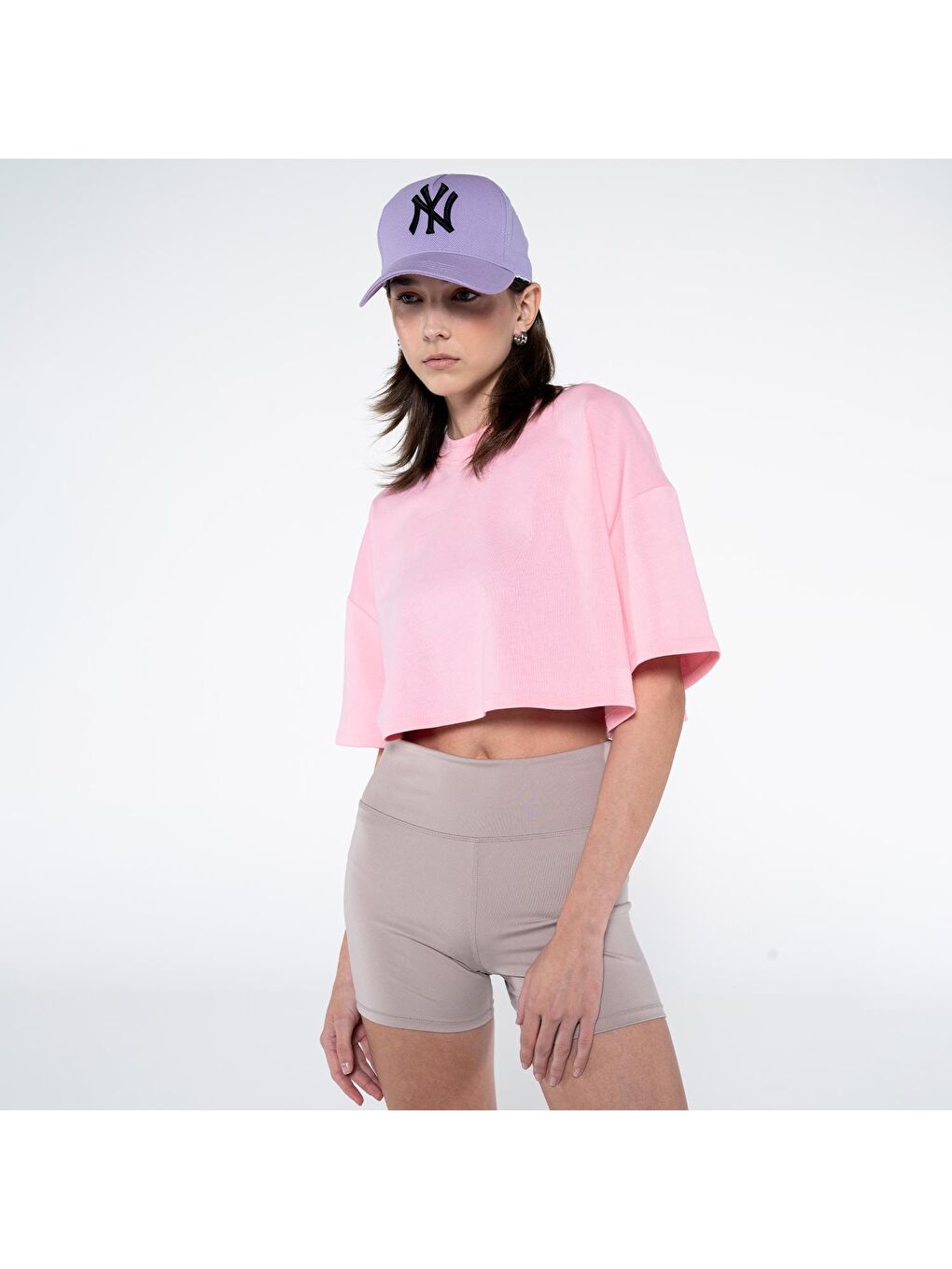 Monica Kadın Pembe %100 Koton Bisiklet Yaka Oversize Crop Tişört-2
