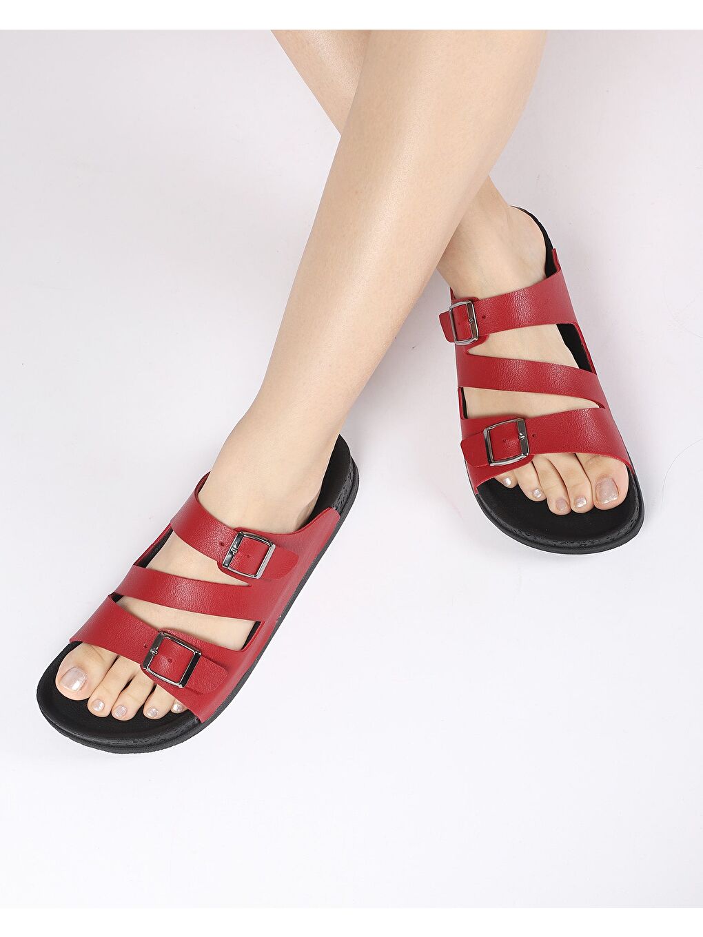 Kırmızı Kadın Yazlık Çift Tokalı Çapraz Bantlı Terlik - MARUVA-1