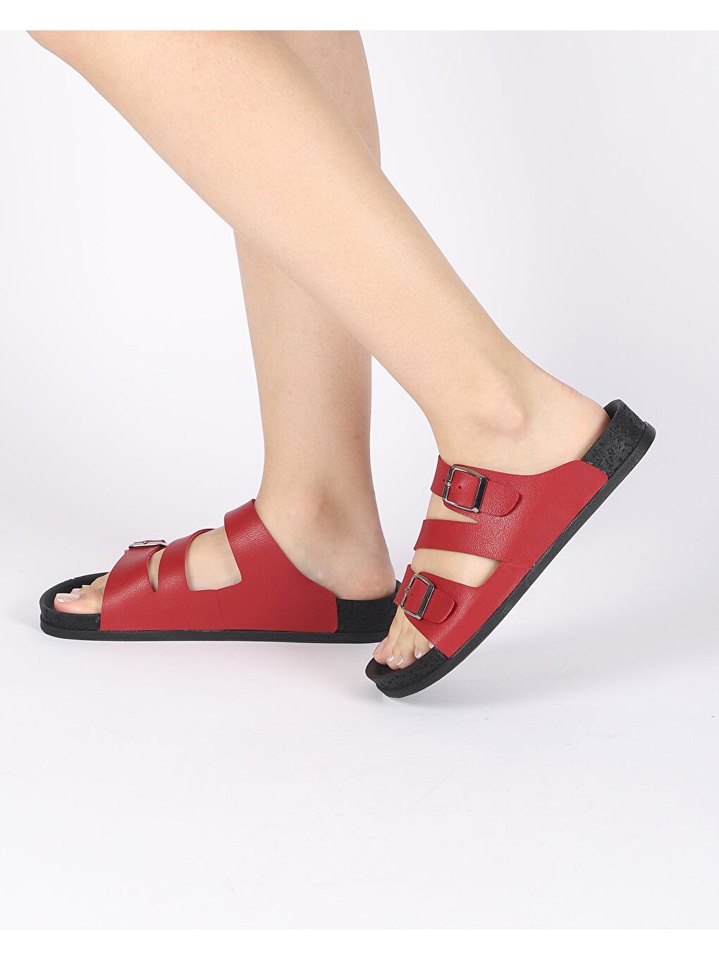 Kırmızı Kadın Yazlık Çift Tokalı Çapraz Bantlı Terlik - MARUVA-2