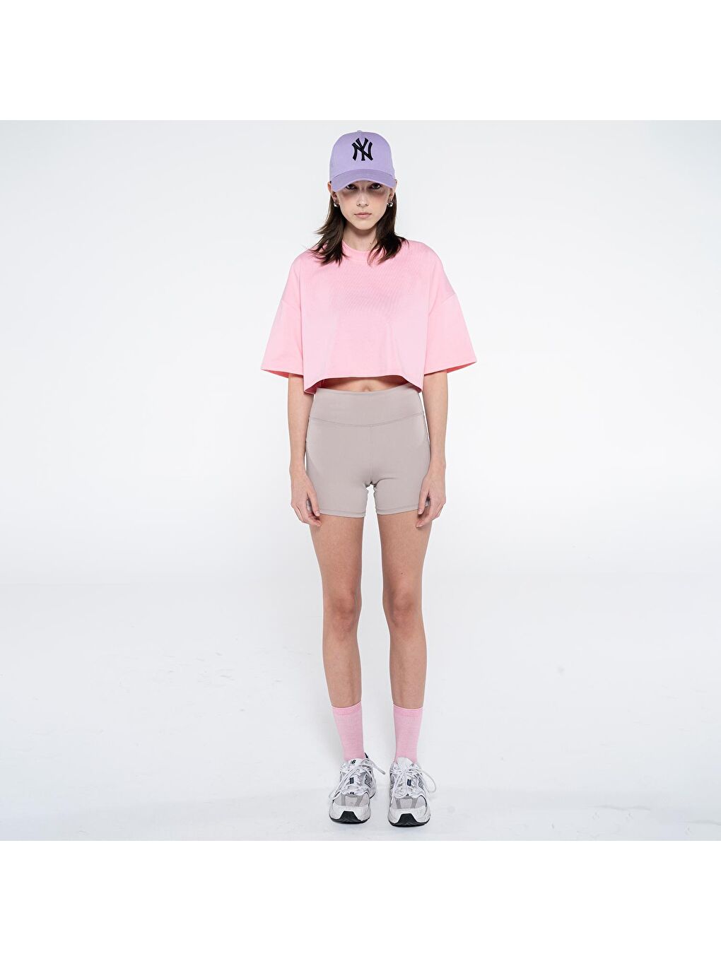 Monica Kadın Pembe %100 Koton Bisiklet Yaka Oversize Crop Tişört-4