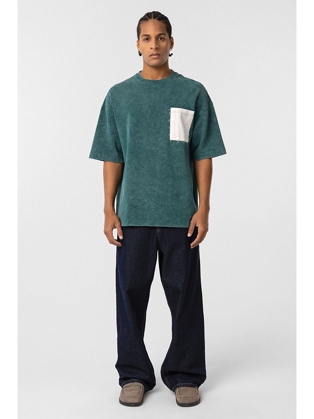 Yıkamalı Cep Detaylı Oversize Tişört Petrol