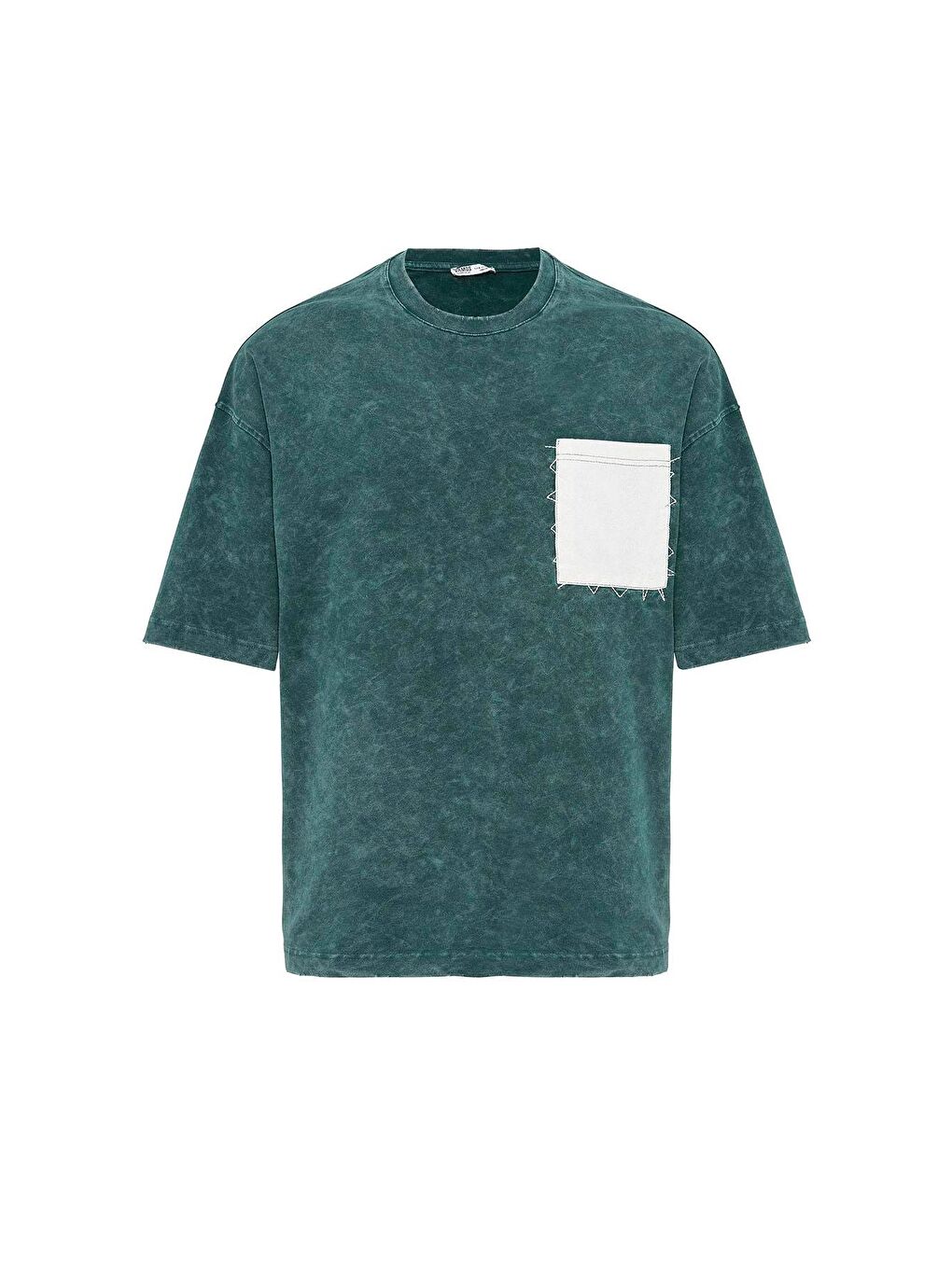 Yıkamalı Cep Detaylı Oversize Tişört Petrol-1