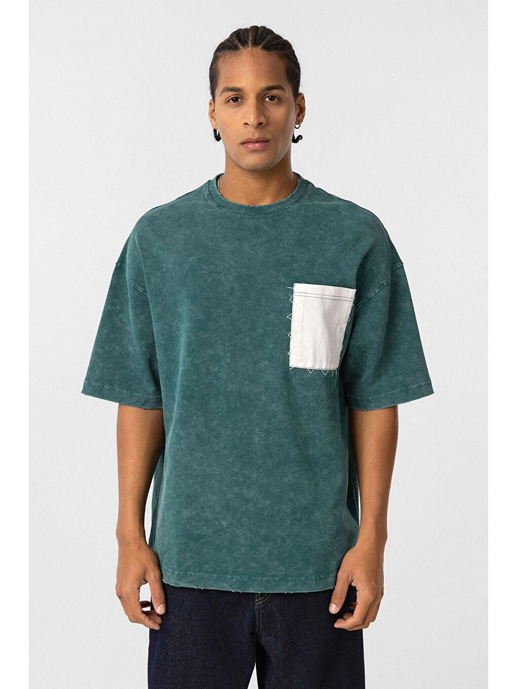 Yıkamalı Cep Detaylı Oversize Tişört Petrol-2