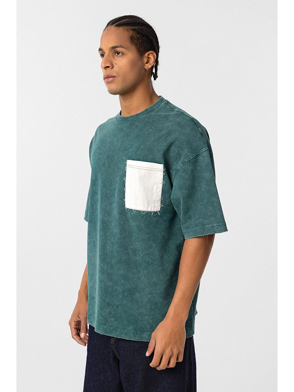 Yıkamalı Cep Detaylı Oversize Tişört Petrol-3