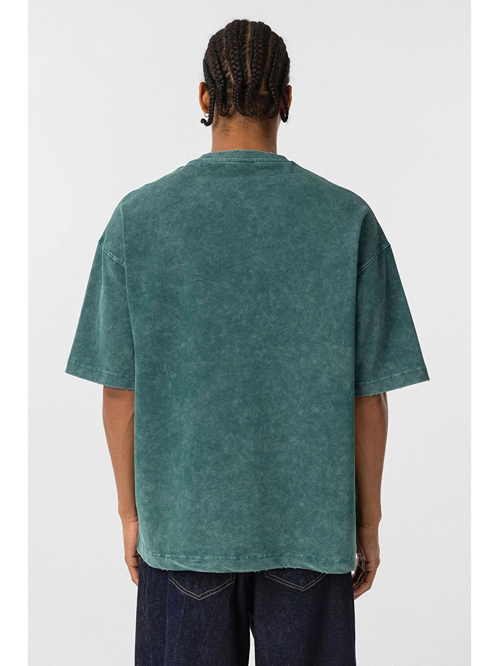 Yıkamalı Cep Detaylı Oversize Tişört Petrol-4