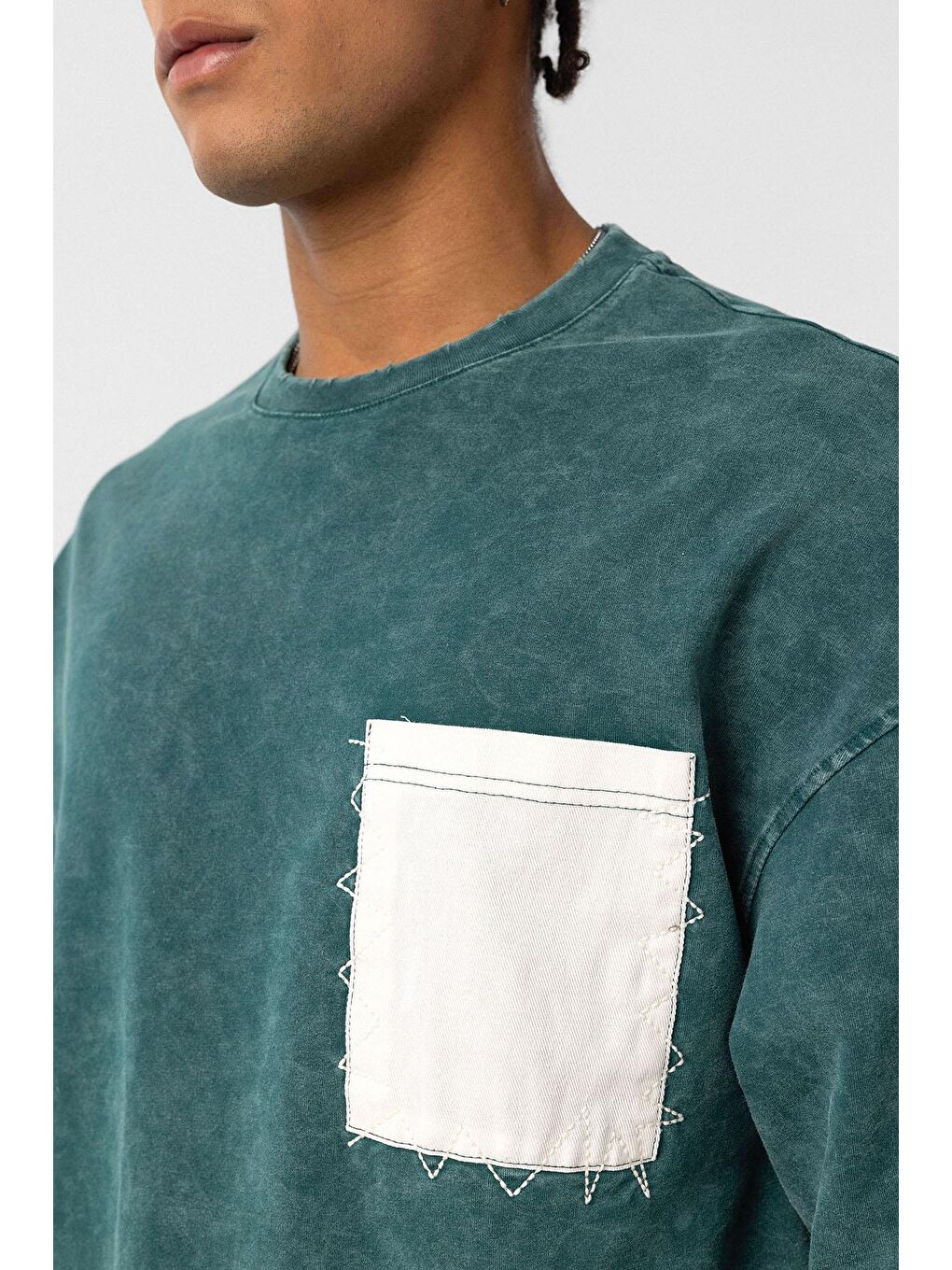 Yıkamalı Cep Detaylı Oversize Tişört Petrol-5