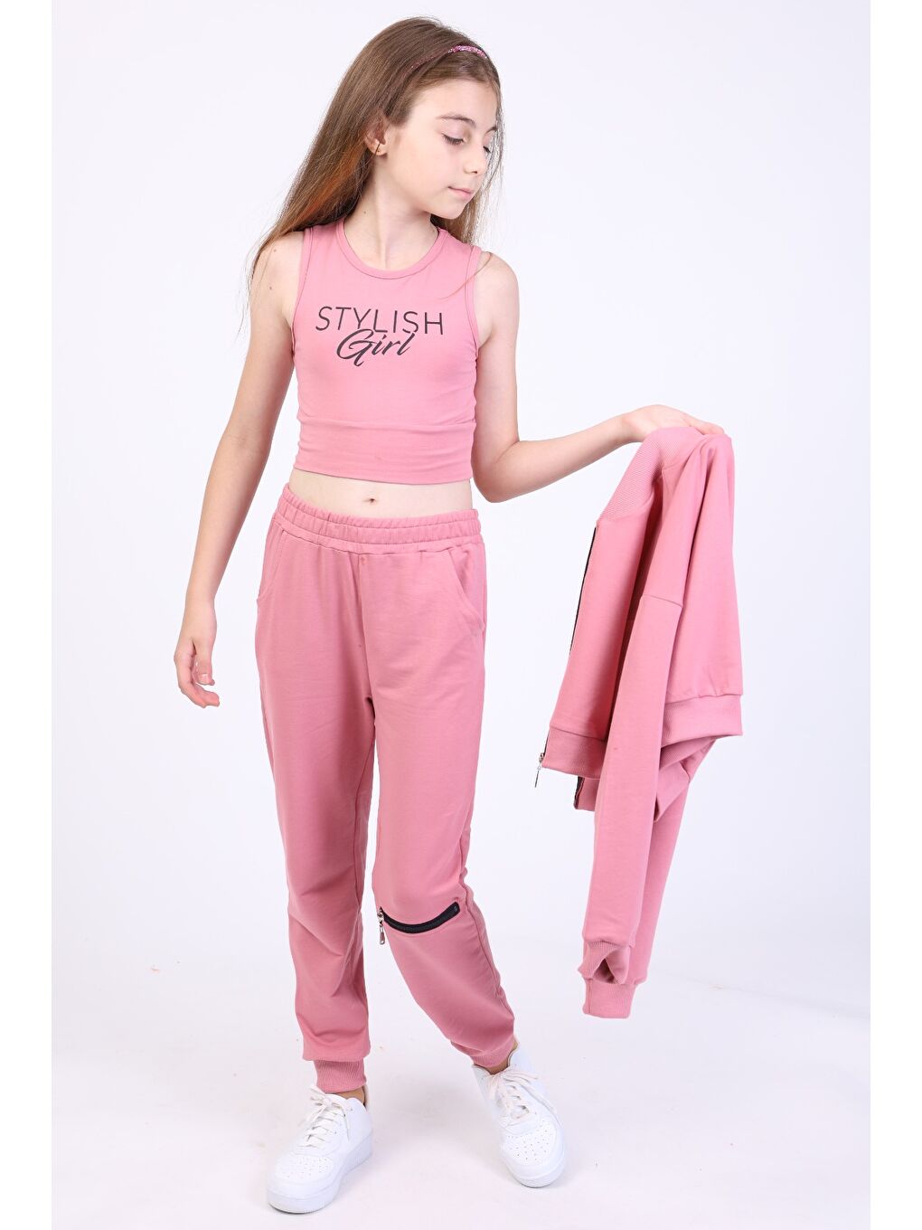 Pembe Kız Çocuk 3lü Baskılı Eşofman Takım