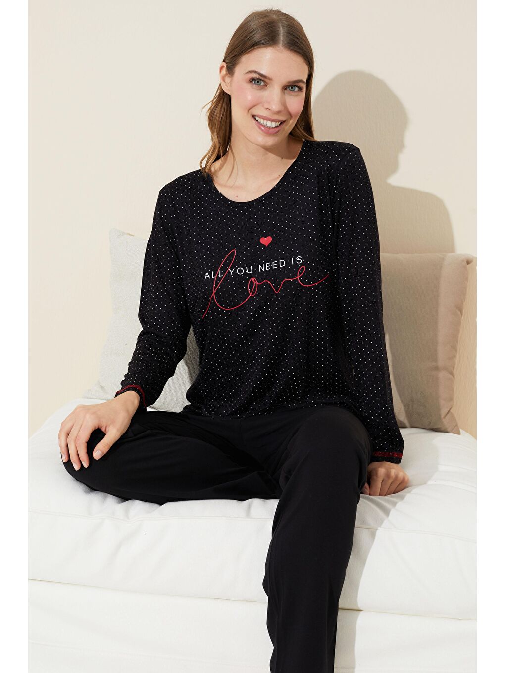 Siyah Baskılı Pamuklu Örme Pijama Takım 24240116