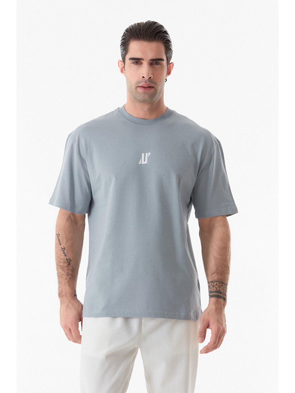 Gri Baskılı Bisiklet Yaka Tişört-3