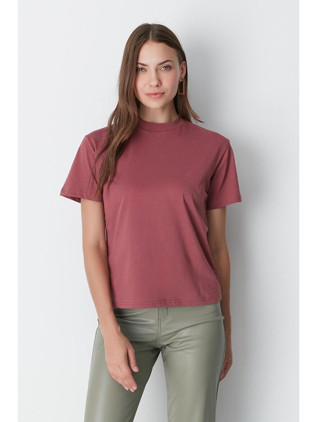 Kahverengi Dik Yaka Kısa Kol 2'li Basic T-Shirt 957 Kiremit/Gül Kurusu-1