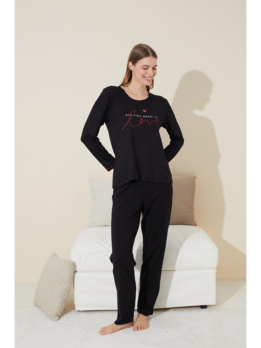 Siyah Baskılı Pamuklu Örme Pijama Takım 24240116-1