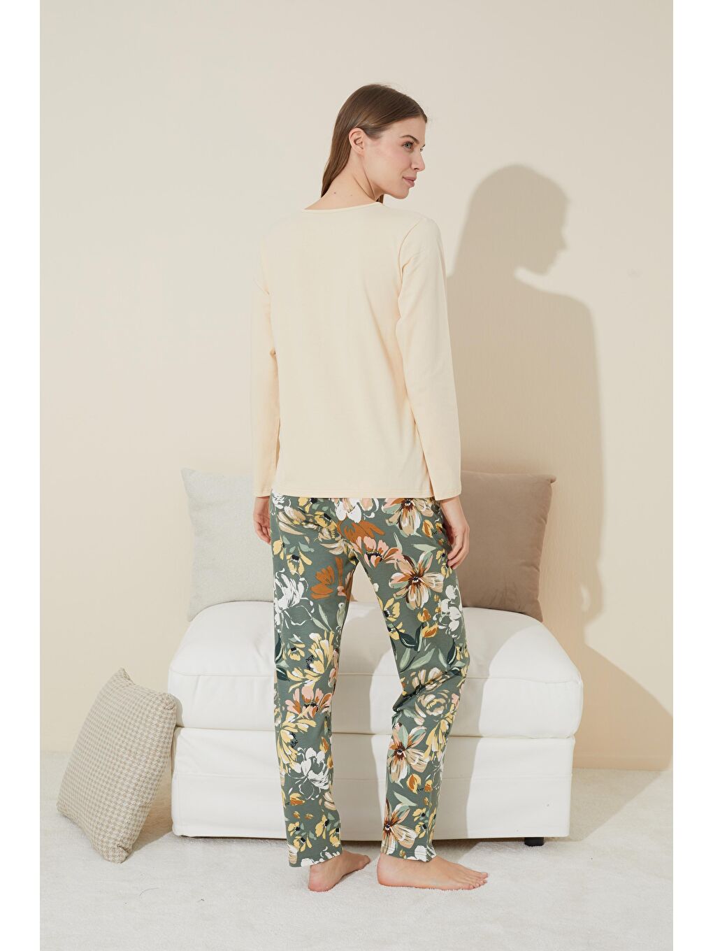 Ekru Krem Nakışlı Pamuklu Örme Pijama Takım 24240108-2