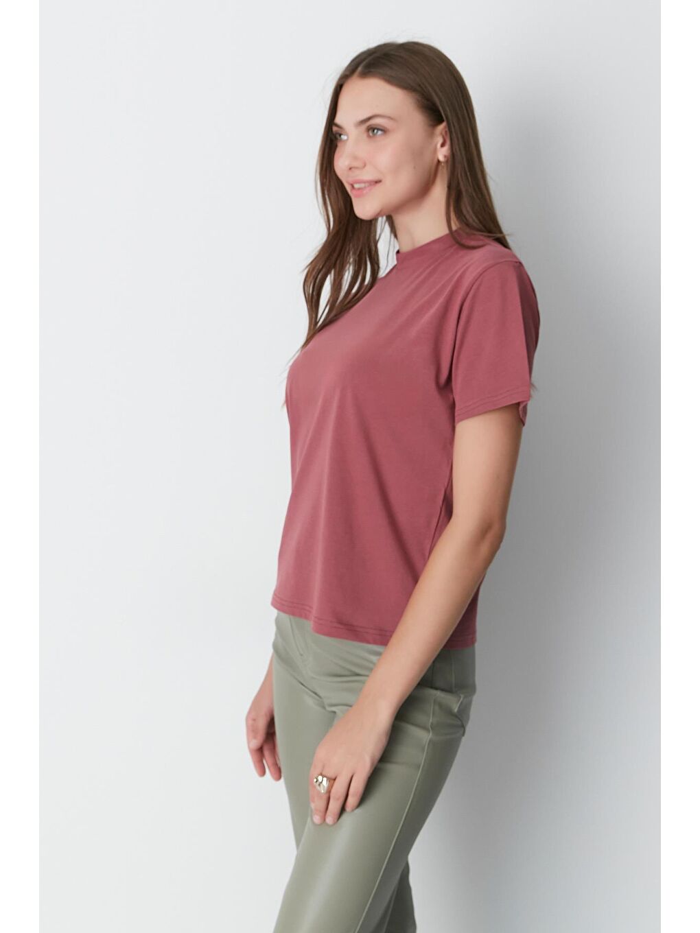 Kahverengi Dik Yaka Kısa Kol 2'li Basic T-Shirt 957 Kiremit/Gül Kurusu-2