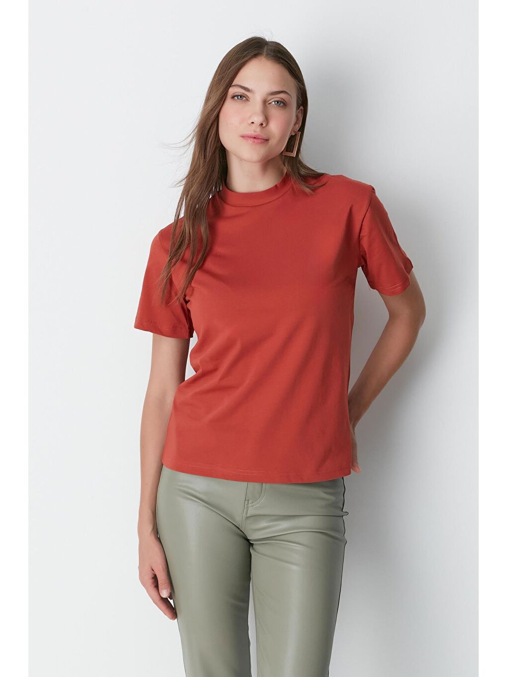 Kahverengi Dik Yaka Kısa Kol 2'li Basic T-Shirt 957 Kiremit/Gül Kurusu-3