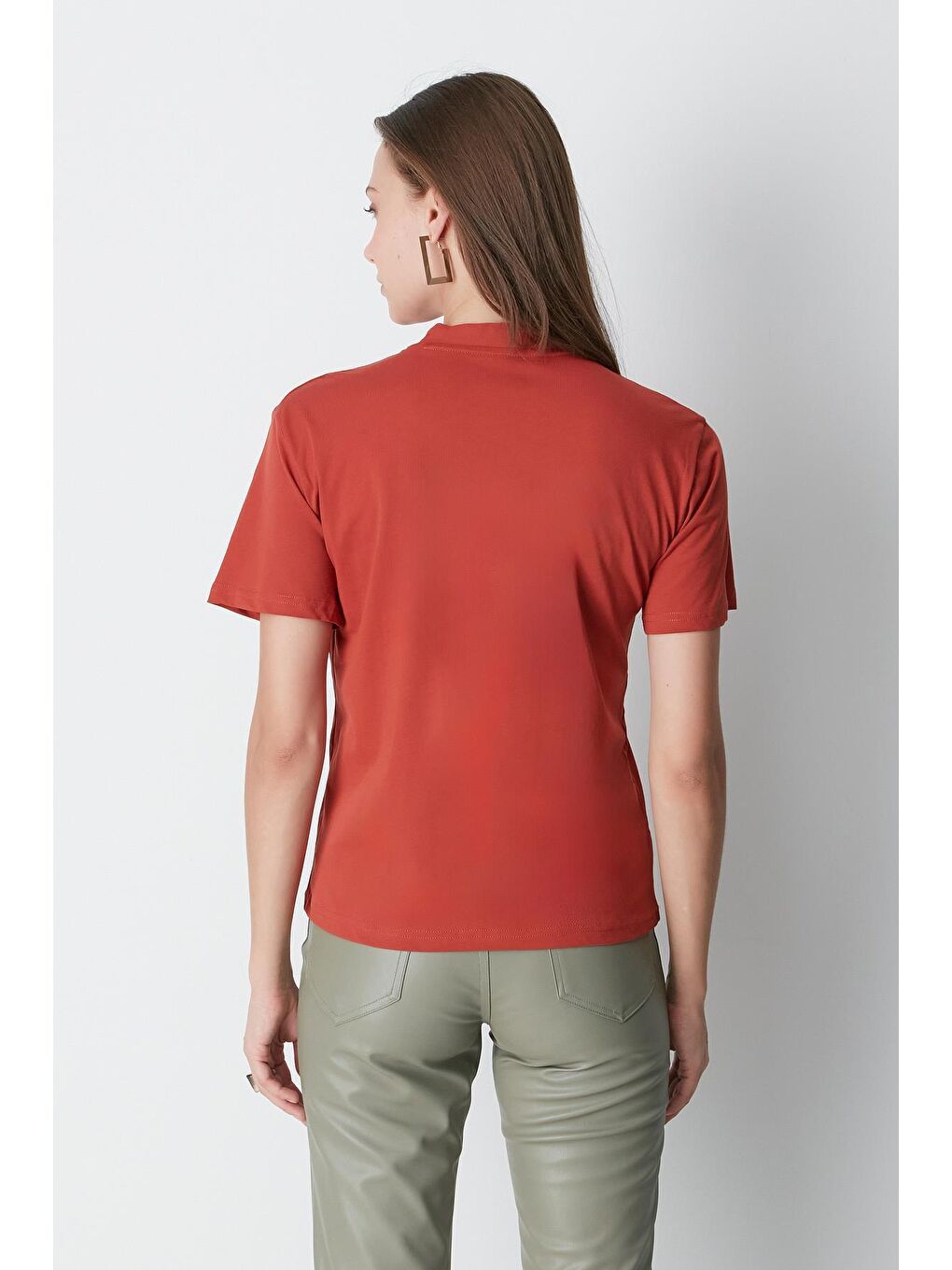 Kahverengi Dik Yaka Kısa Kol 2'li Basic T-Shirt 957 Kiremit/Gül Kurusu-4