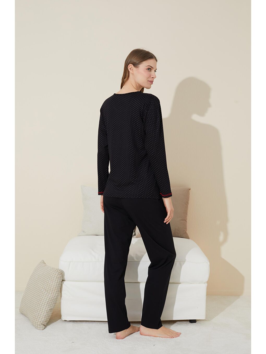 Siyah Baskılı Pamuklu Örme Pijama Takım 24240116-2