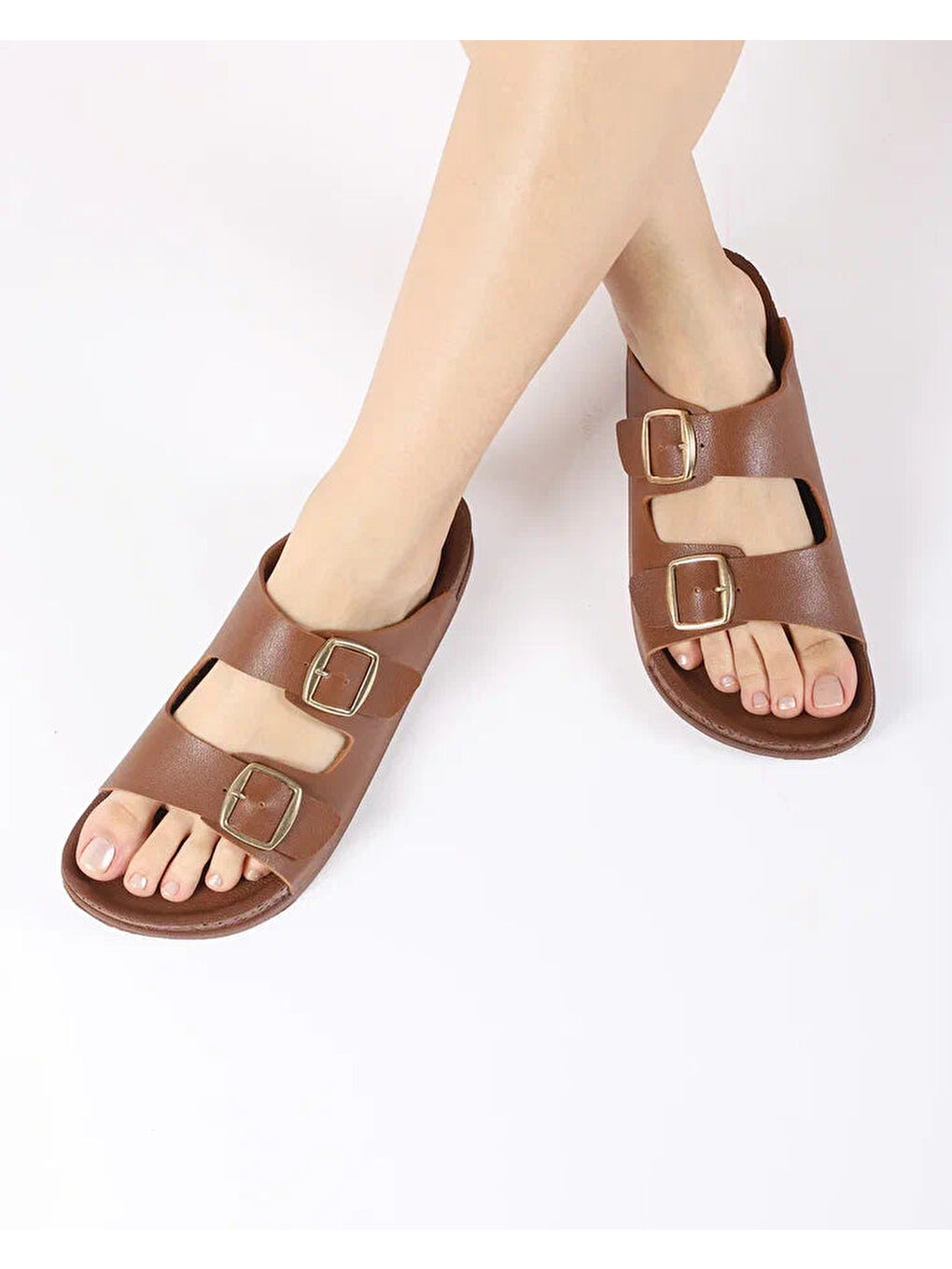 Kahverengi Kadın Yazlık Çift Tokalı Terlik - RUSTY-1