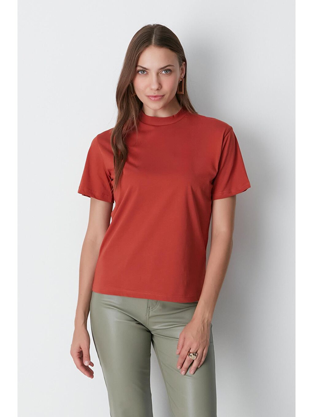 Kahverengi Dik Yaka Kısa Kol 2'li Basic T-Shirt 957 Kiremit/Gül Kurusu-6