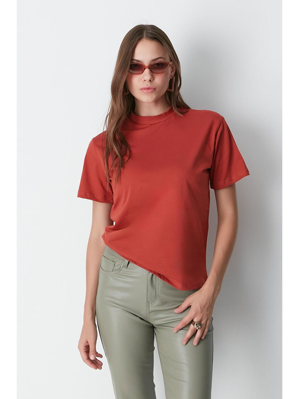 Kahverengi Dik Yaka Kısa Kol 2'li Basic T-Shirt 957 Kiremit/Gül Kurusu-7