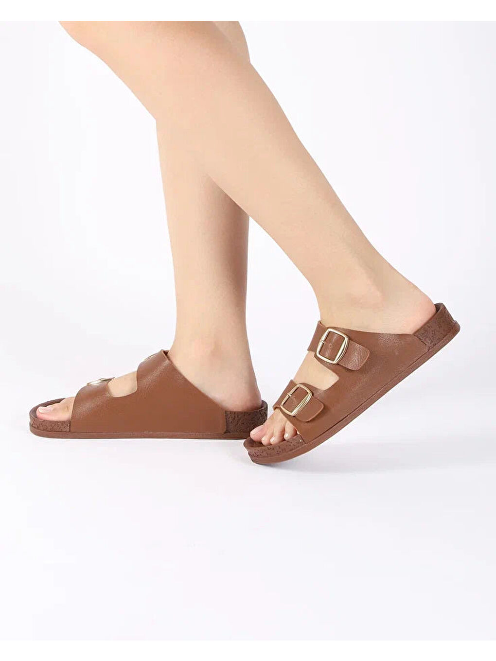 Kahverengi Kadın Yazlık Çift Tokalı Terlik - RUSTY-3