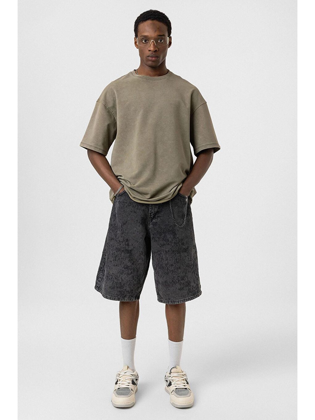 Yıkamalı Basic Oversize Tişört Haki