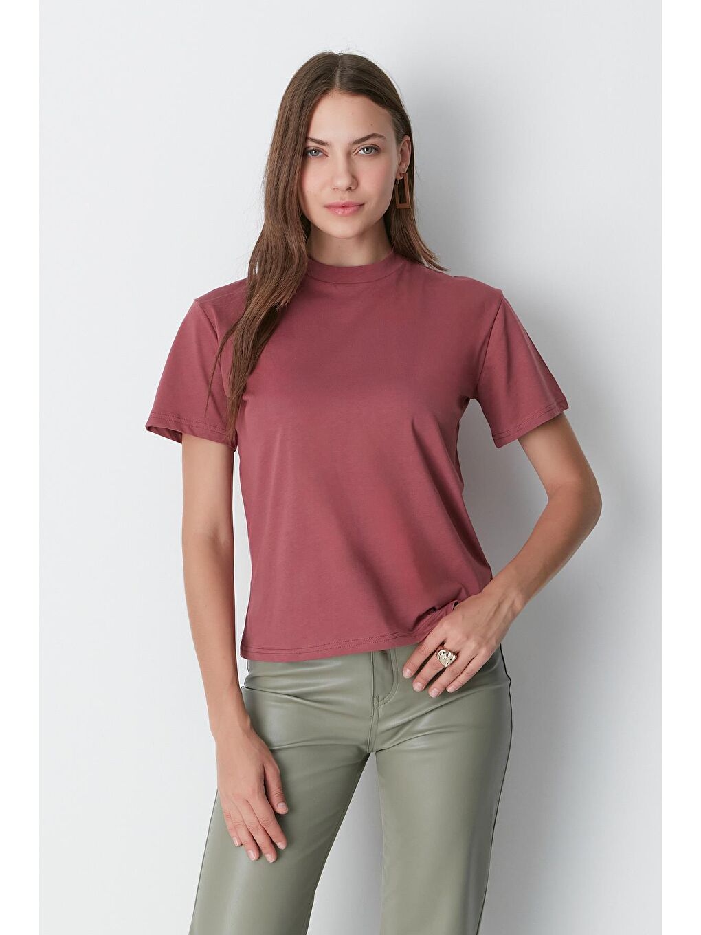 Kahverengi Dik Yaka Kısa Kol 2'li Basic T-Shirt 957 Kiremit/Gül Kurusu-8