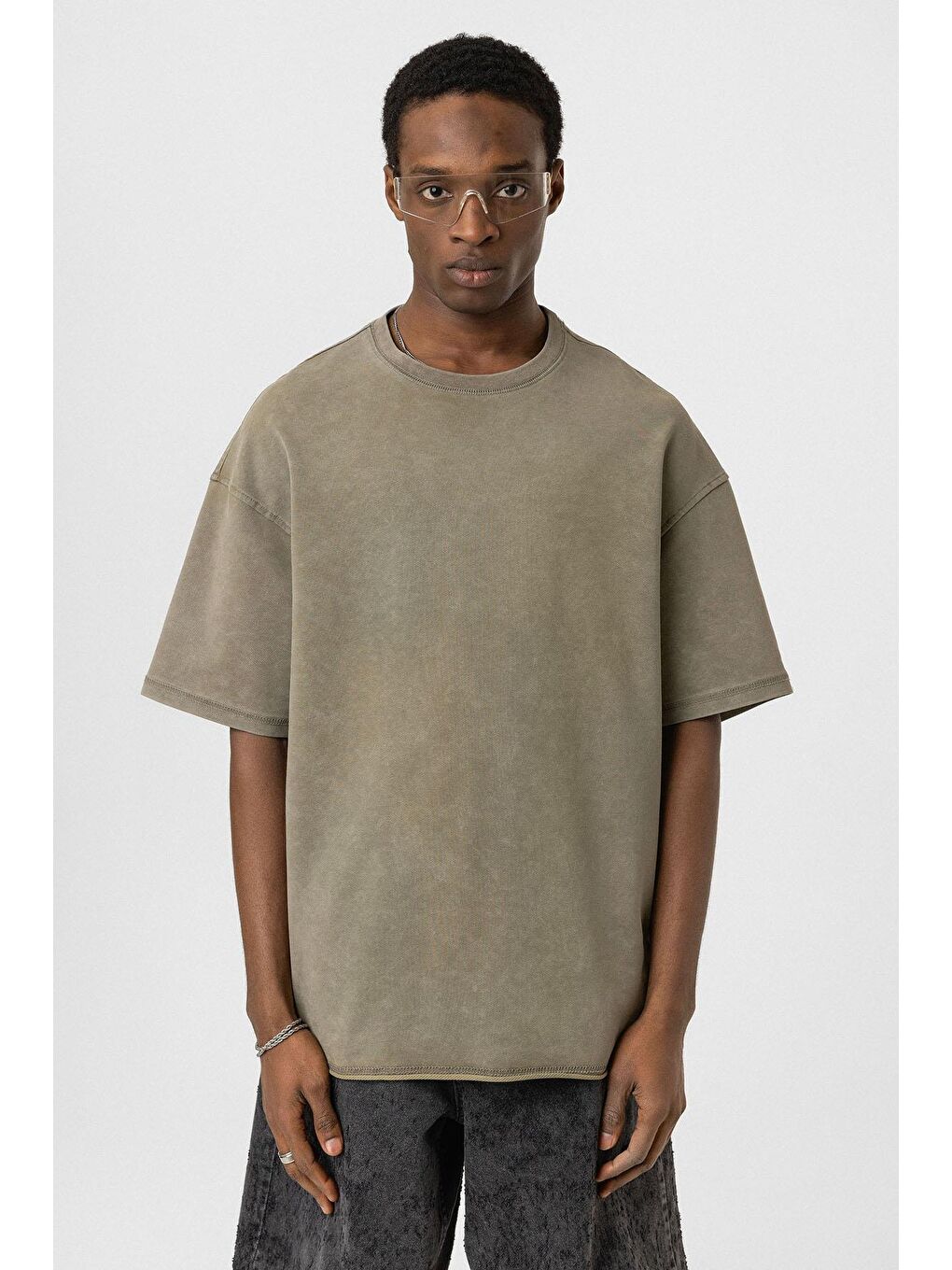 Yıkamalı Basic Oversize Tişört Haki-2