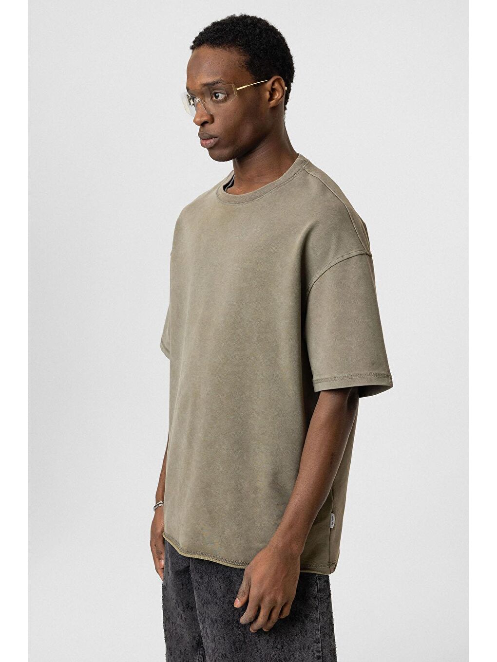 Yıkamalı Basic Oversize Tişört Haki-3