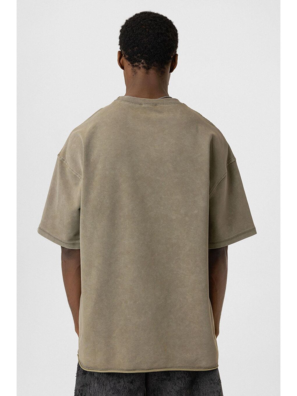 Yıkamalı Basic Oversize Tişört Haki-4