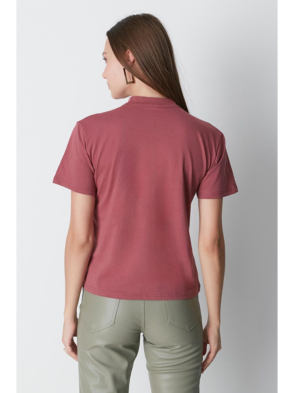 Kahverengi Dik Yaka Kısa Kol 2'li Basic T-Shirt 957 Kiremit/Gül Kurusu-9