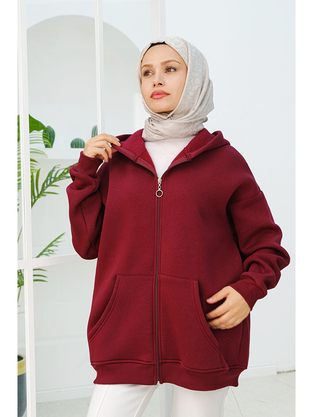 Locco Moda Kapüşonlu Oversize Fermuarlı Sweatshirt  Bordo