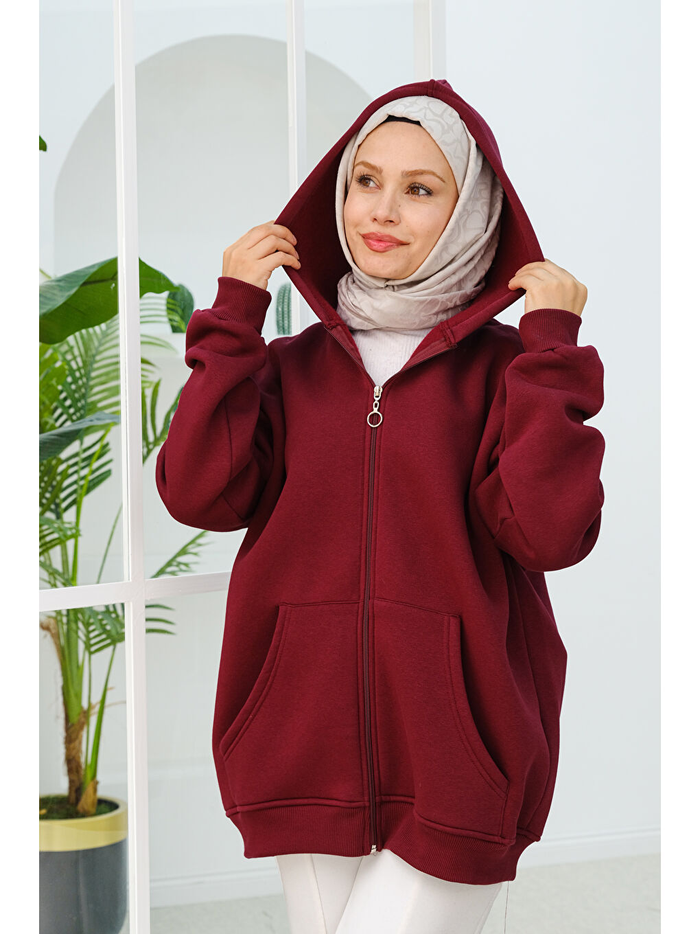 Locco Moda Kapüşonlu Oversize Fermuarlı Sweatshirt  Bordo - 1