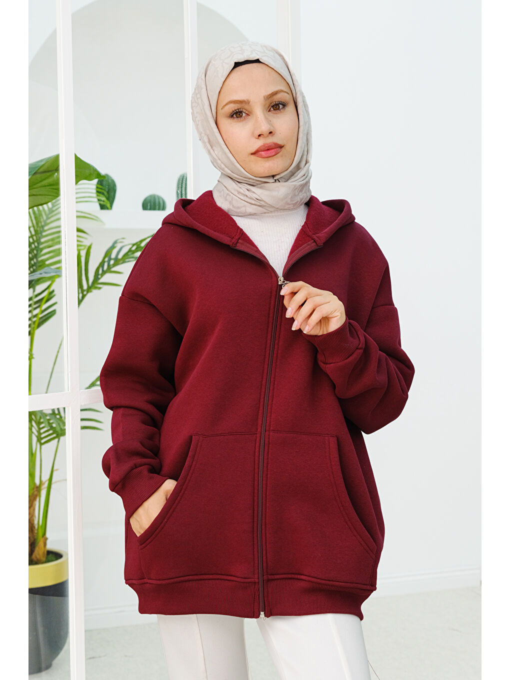 Locco Moda Kapüşonlu Oversize Fermuarlı Sweatshirt  Bordo - 2