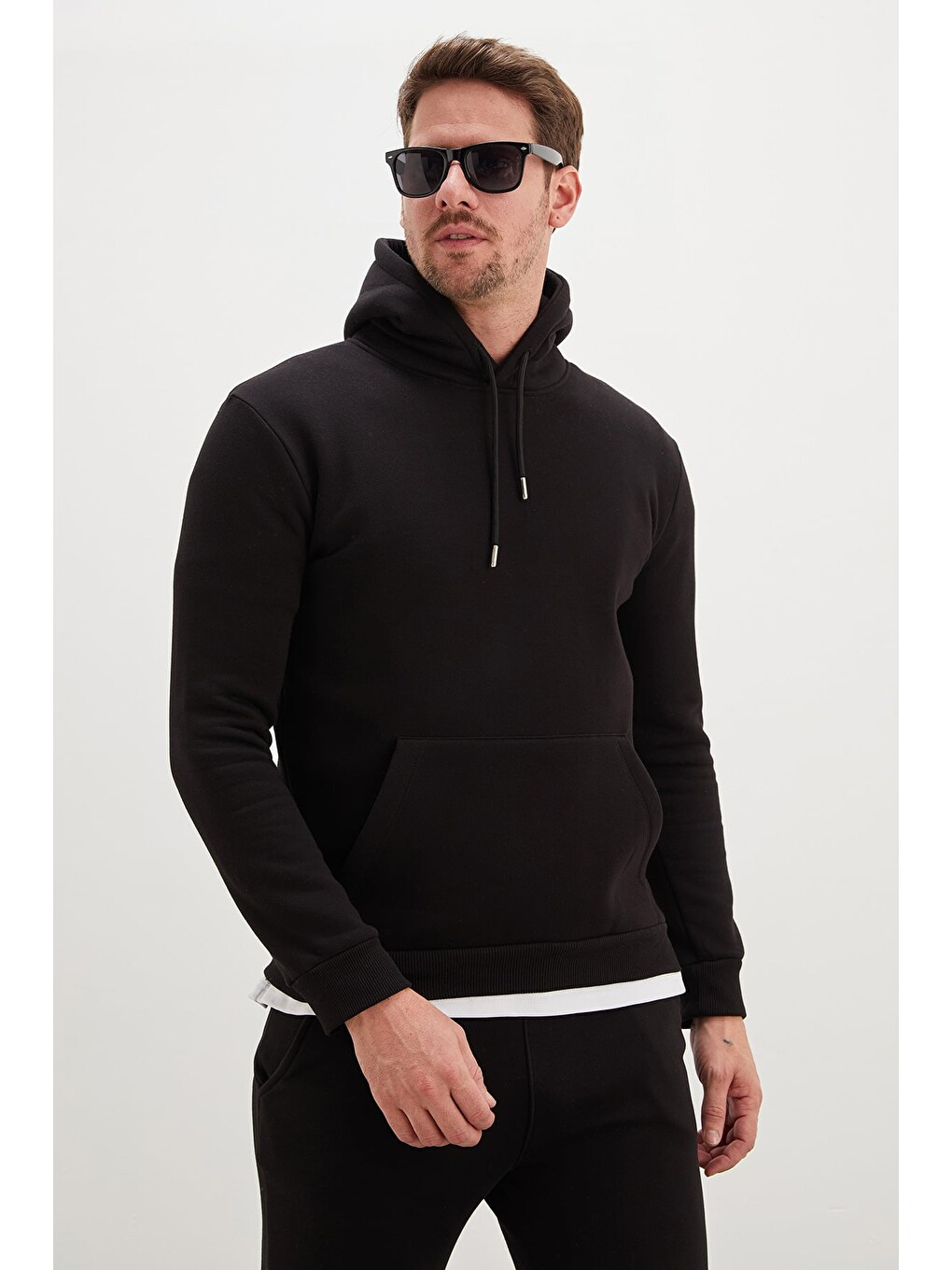 Siyah 3 İplik Basic Kapüşonlu Kanguru Cepli Sweatshirt