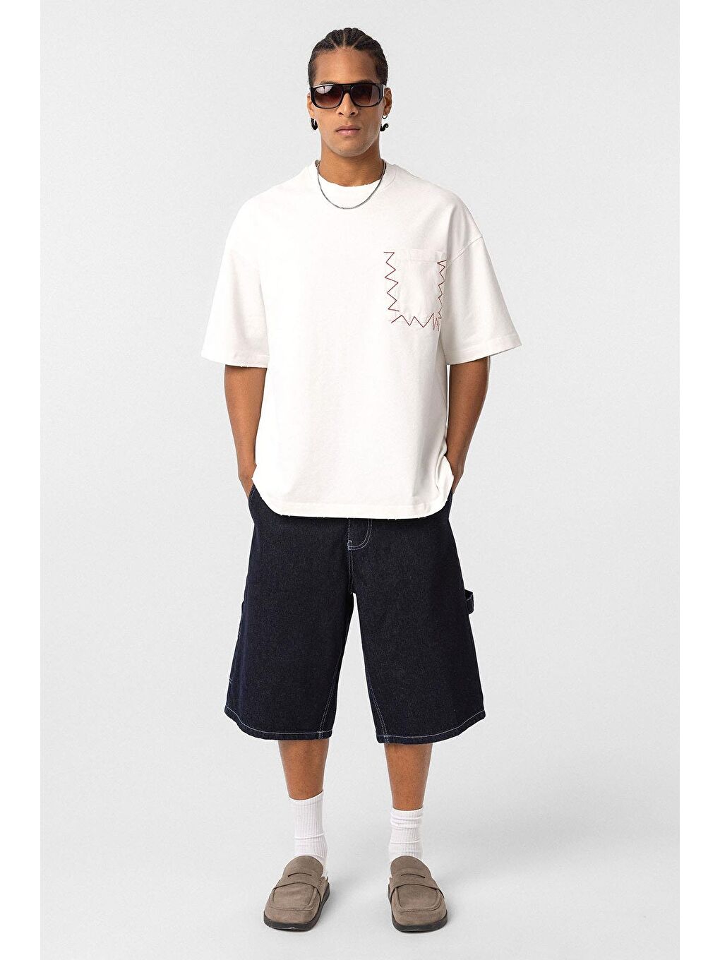 Yıkamalı Cep Detaylı Oversize Tişört Ekru-1