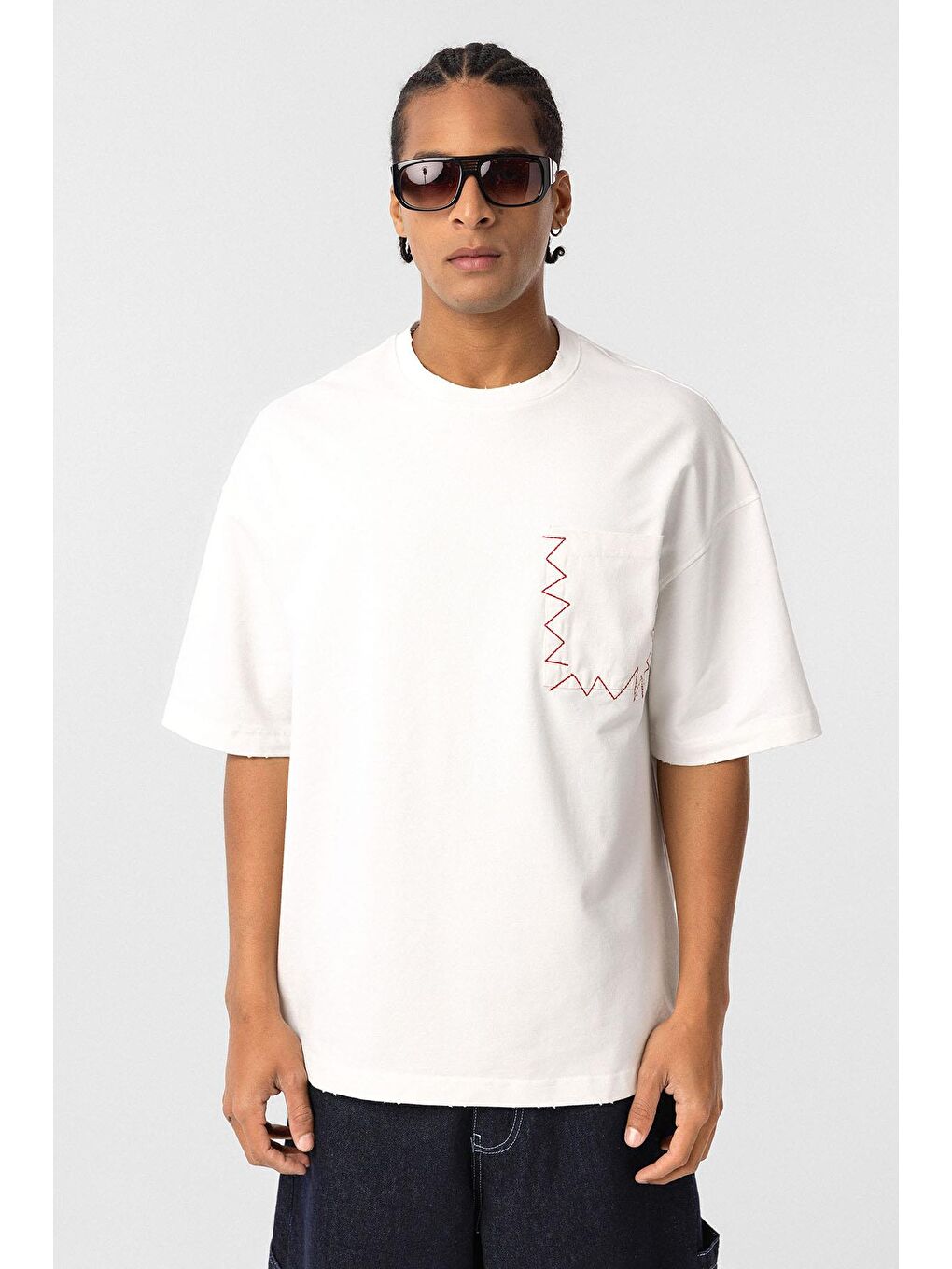 Yıkamalı Cep Detaylı Oversize Tişört Ekru-2