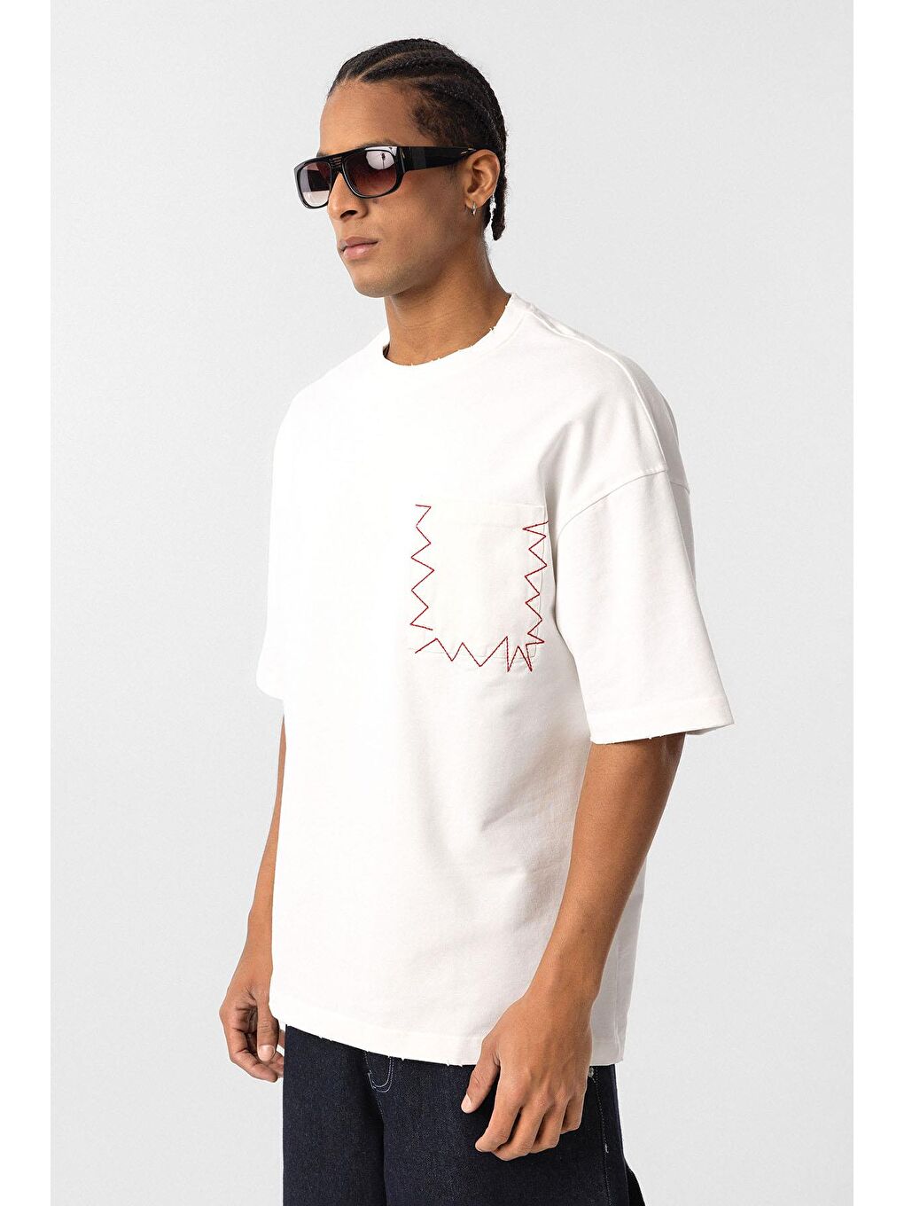 Yıkamalı Cep Detaylı Oversize Tişört Ekru-3