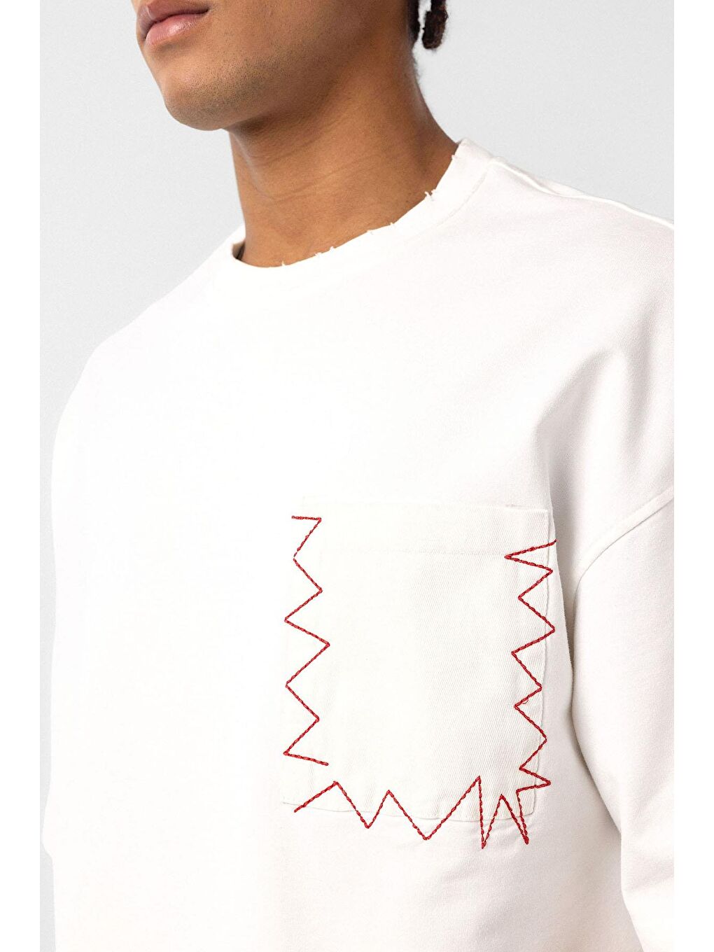 Yıkamalı Cep Detaylı Oversize Tişört Ekru-5