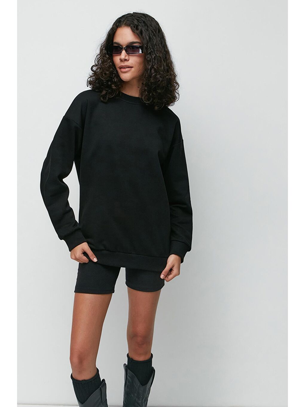 C&City Siyah Oversize Basic Bisiklet Yaka Kalın Sweatshirt 951 Siyah - 1