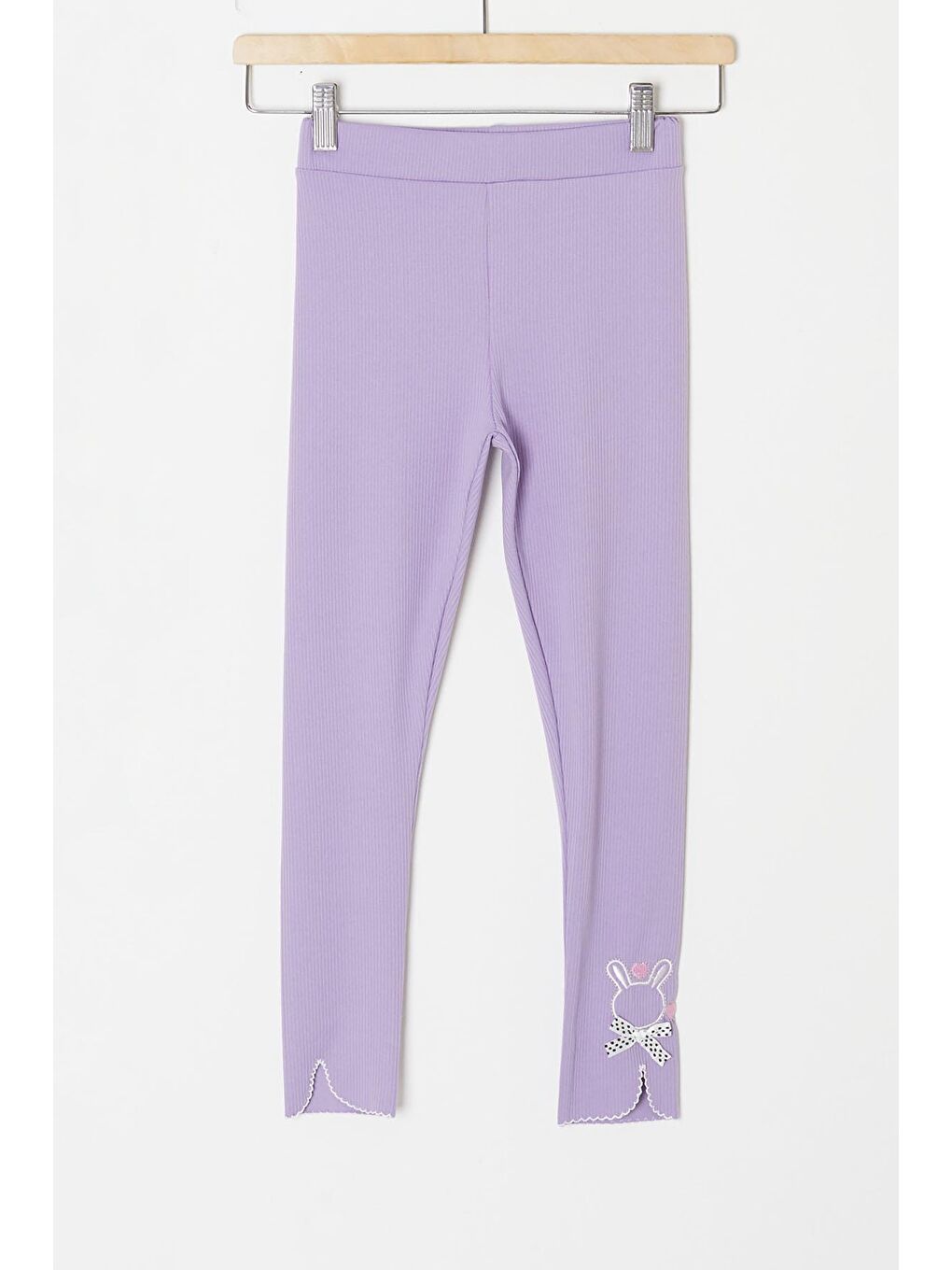 Lila Fiyonklu Tavşan Nakışlı Fitilli Kız Çocuk Yırtmaçlı Tayt 18152