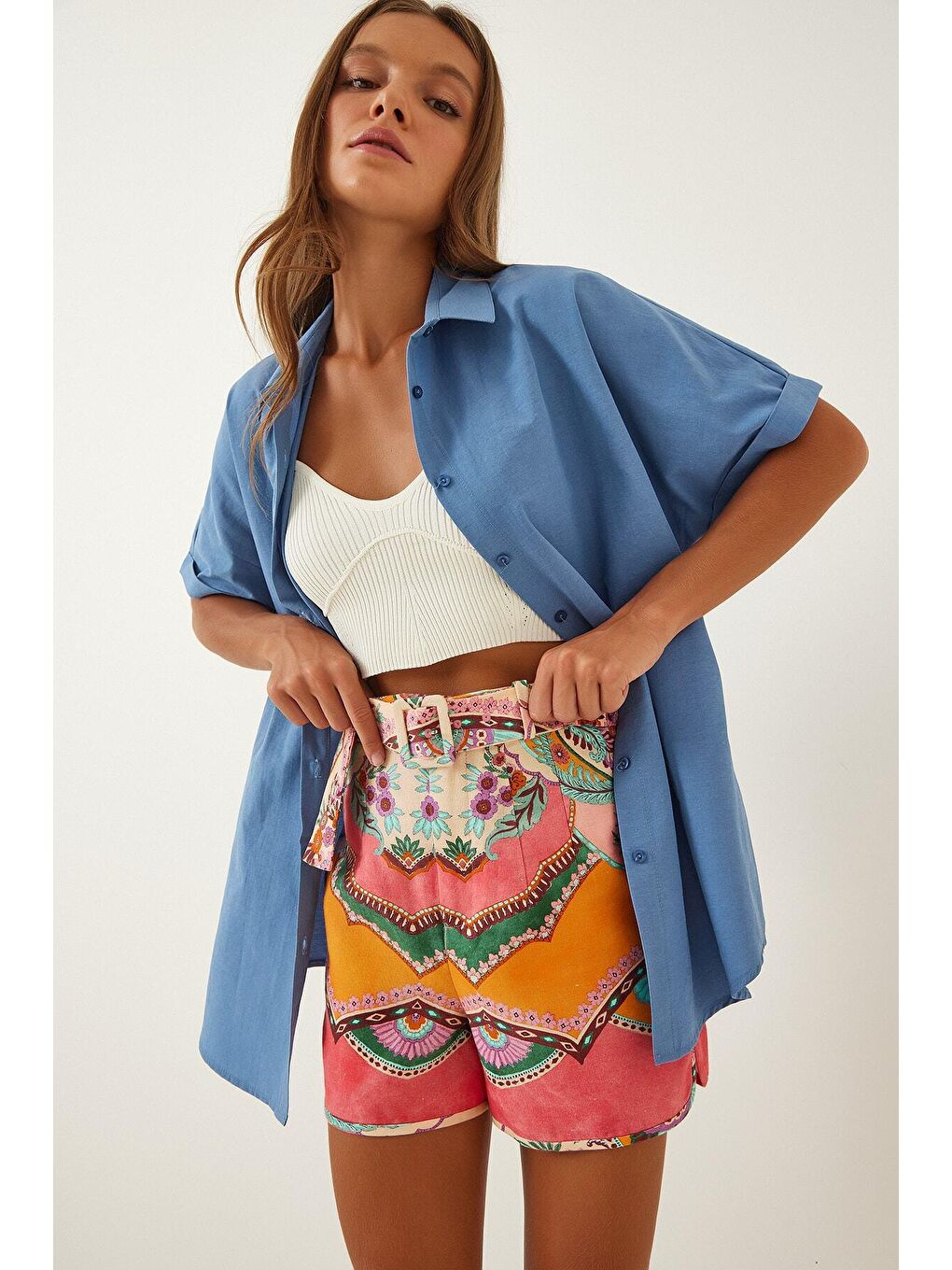 Kadın İndigo Oversize Uzun Kısa Kollu Basic Poplin Gömlek