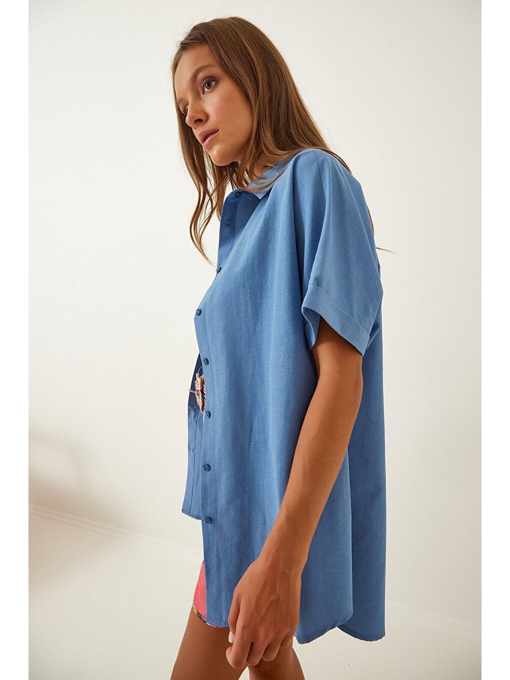 Kadın İndigo Oversize Uzun Kısa Kollu Basic Poplin Gömlek-1