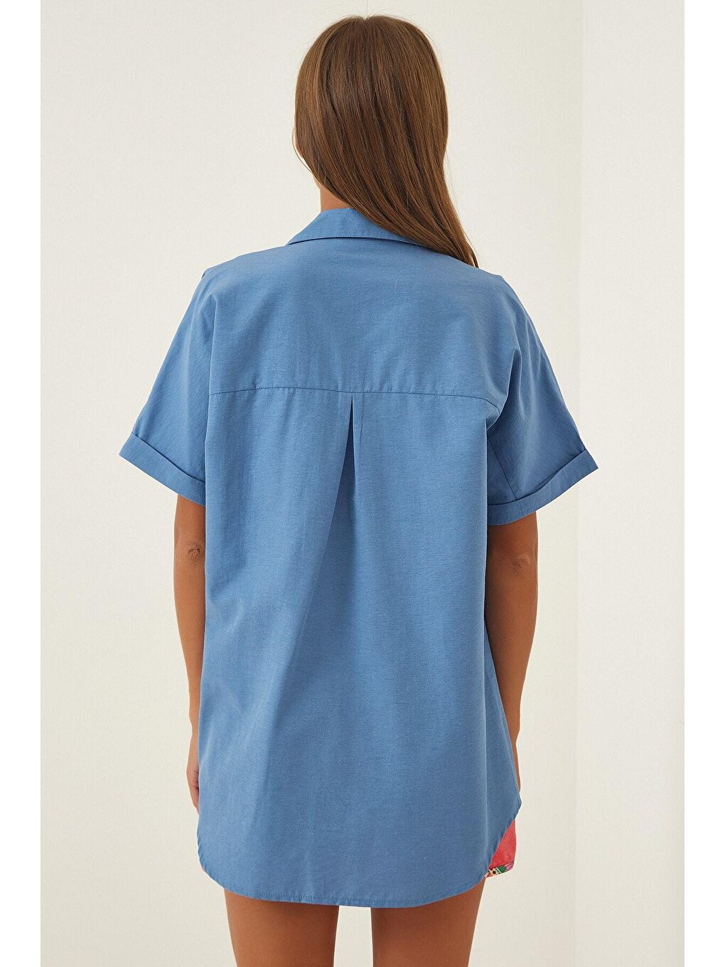 Kadın İndigo Oversize Uzun Kısa Kollu Basic Poplin Gömlek-2