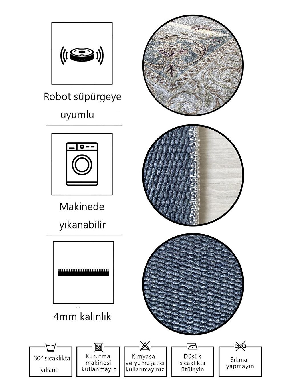 Karışık Pamuk Taban, Yıkanabilir, Kaydırmaz Taban, Modern Halı  180 x 180 cm-3