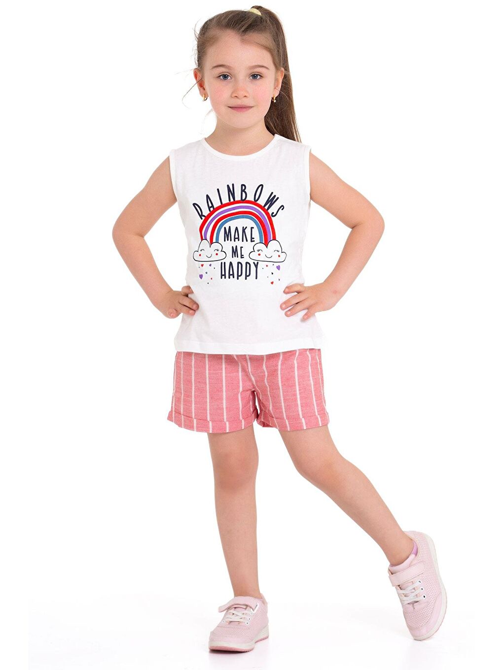 Lila Sıfır Kol Baskılı Çizgili Ekru Kırmızı Renk Kız Çocuk Şortlu Takım